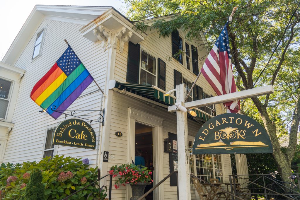 Edgartown Bookstore, with American and pride flags hanging out front.