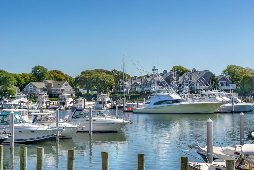 Boats docked in the marina in Falmouth, Cape Cod